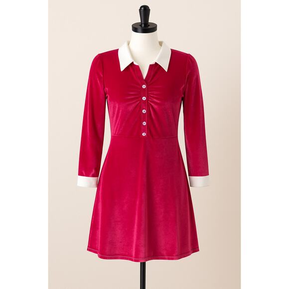 Allegra K Women’s Pink Velvet A-Line Dress With White Collar Size S Retro - Picture 1 of 8